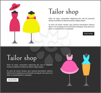 Tailor shop web pages set, text sample and headlines, dresses and hats, skirt and blouse, clothes vector illustration isolated on black and white