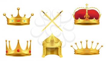 Golden medieval symbols 3d icons set. Gold crowns with gems, knight helmet, crossed shiny swords realistic vector illustrations isolated on white background