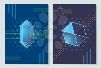 Geometric shapes posters set with prints made of straight and wavy lines and big dots, polygonal forms collection isolated on vector illustration