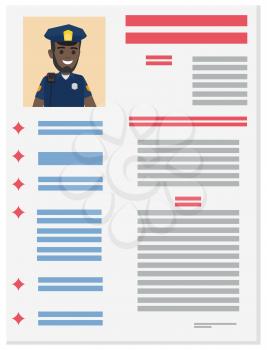 Career information leaflet flat vector. Policeman resume page with applicant portrait and personal data. Curriculum vitae or dossier. Profession presentation sheet illustration for labor day concept