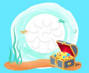 Photo frame with gold coins in old wooden chest at sea bottom. Mysterious treasure among seaweed and fishes on framework for photo vector illustration.