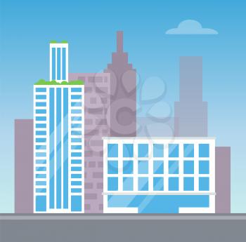 City view with two modern buildings, color card, vector illustration with white houses with blue windows, plants on roof, silhouettes of skyscrapers