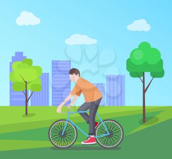Man riding blue bike on nature, vector illustration with cyclist in orange t-shirt, black trousers and red sneakers, white clouds, lot of skyscrapers