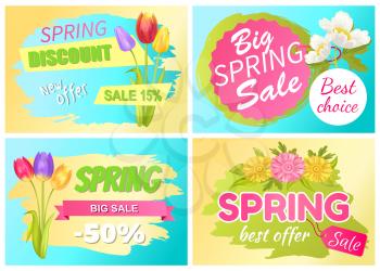 Best offer spring big sale advertisement daisy flowers, bouquet of tulips and fresh anemone vector illustration promo sticker with springtime blossoms