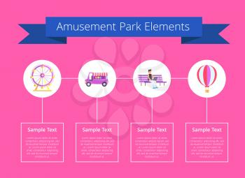 Amusement park elements, headline on ribbon and text sample, in boxes, images of ferris wheel, and cotton candy shop, balloon vector illustration