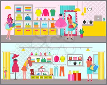 Pair of colorful banners with cute clothing stores, lot of stuff on shelves, big mirrors, shirts and dresses, pants and handbags, vector illustration