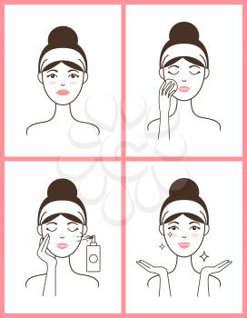 Young woman with acne applies fresh tonic from spray bottle and heals her skin isolated cartoon flat vector illustrations set on white background.