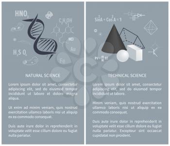Natural and technical science, posters with subjects for education, science and web site with information and images isolated on vector illustration