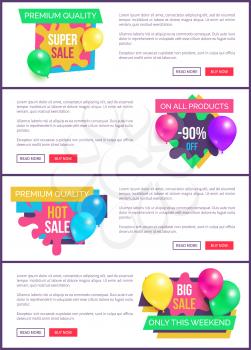 Collection of landing pages sale prices promo sticker balloons and brush splashes web online posters, final wholesale with total discounts push-buttons