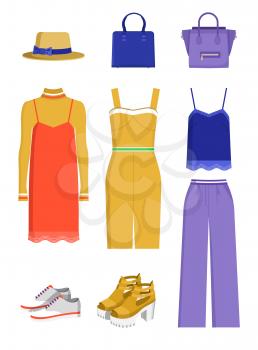 Color banner with clothes and accessories for them, vector illustration, red dress, yellow suit, lilac trousers, blue shirt and bags, hat and shoes