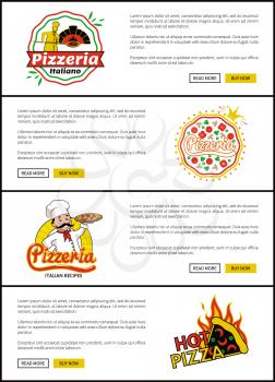 Pizzeria Italian recipes set, web pages for sites with buttons and logos of pizzeria, hot pizza and emblems, vector illustration isolated on white