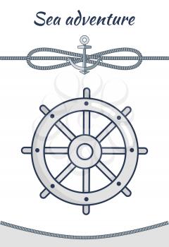 Sea adventure, vector cordage ropes collection, illustration with spiral cordages isolated on white backdrop, big grey handwheel, curved rope on bottom