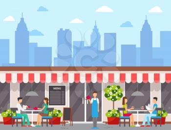 Waiter and visitors outdoors, city cafe exterior or facade vector. Wall menu and tables, couples drinking tea and coffee, skyscrapers silhouettes, downtown. Flat cartoon