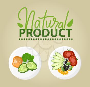 Slices of cucumber, tomato and olives, corn and cabbage, bell pepper on plate, sliced vegetables on dish, vegetarian food, natural products vector. Flat cartoon