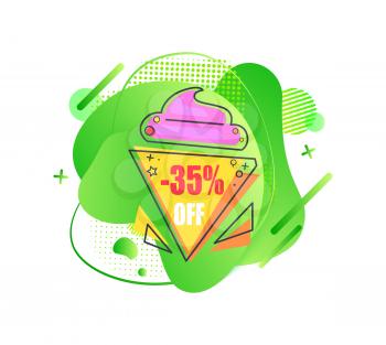Sale emblem 35 percent off on abstract liquid green shape, triangle ice cream isolated vector illustration. Promo advert tag with color discount offer