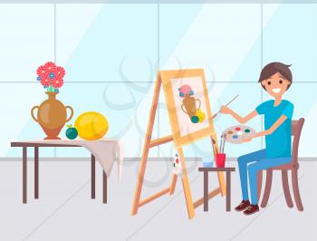 Person drawing picture on easel vector, boy learning to paint. Still life nature morte, vase with flowers on table. Person smiling holding palette colors. Flat cartoon