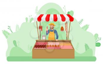 Smiling seller character holding snag, man marketer standing near table with meat. Cutting pork and ham on shelf, farm production, butchery vector. Flat cartoon