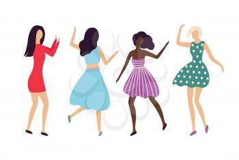 Women dancing, full length view of girls in dress, flat design style of female characters, hen-party or crowd of people on dance floor or concert vector. Flat cartoon