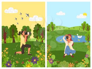 Landscape with pond and swans, forest and woman photographer making shoots on nature. Vector scenic landscape and tourists shooting flowers, summertime. Flat cartoon
