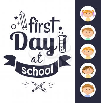 First day at school black-and-white text, round stickers of girl and boy. Laboratory tube with liquid and crossed pen and pencil, education cover vector. Back to school concept