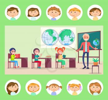 Teacher showing map, geography lessons, pupils sitting at table with books, green classroom decorated by desk and globe. Round icon of children vector. Back to school concept. Flat cartoon