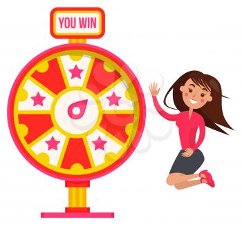 Fortune wheel with signboard you win, smiling player character winning roulette. Red game machine with stars icons,lucky gambler female, casino vector. Flat cartoon