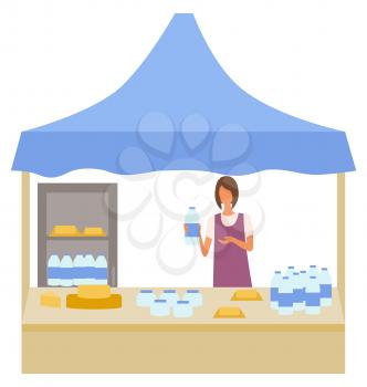 Milk and cheese production at store vector, isolated character working as salesperson. Marketplace with fridge for products, bottles with water on shelf. Flat cartoon
