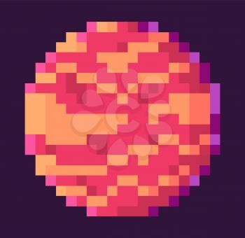 Planet of rounded shape vector, isolated celestial body with spots, pixel game graphics, element designed with pixelated effect, mosaic 8 bit galaxy