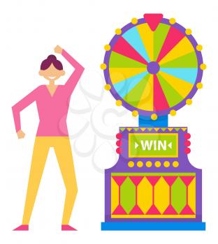 Gambler happy of victory vector, isolated fortune wheel with slots and pointer. Character dancing and expressing emotions, winner of money gambling. Flat cartoon