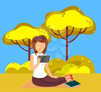 Relaxation in park vector, tranquil pastime of character with ebook. Lady on weekends enjoying reading electronic book or tablet. Female person hobby. Flat cartoon
