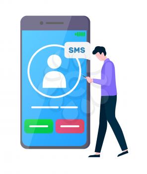 Man using cell to read and receive messages vector, male texting and chatting, person social media participation, smartphone with incoming call sign. Flat cartoon
