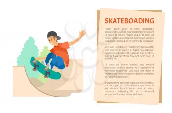 Skateboarding and skate part, teenager on skateboard vector. Extreme sport or outdoor activity, jumping on board, boy in cap and jeans showing trick. Flat cartoon