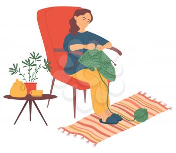 Hobby of woman sitting at home in armchair vector, isolated character with needles and threads. Knitting lady on chair, pastime of person, leisure interest. Flat cartoon