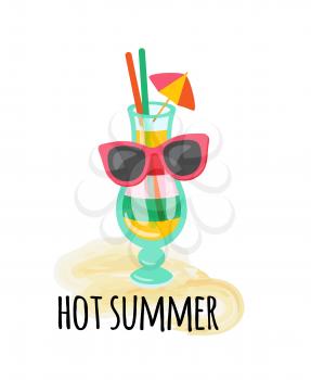 Hot summer cocktail made in layers vector, exotic alcoholic drink in sunglasses. Refreshing summertime beverage with straw and umbrella isolated on sand