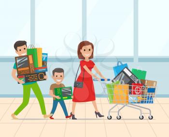 Happy family shopping in supermarket with trolley full of stuff. Parents with their child make purchase in store. Mother, father and little son buying things. Flat cartoon