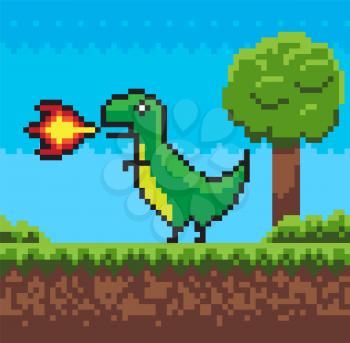 Dragon character with fire, duel element of pixel game, animal hero going near tree and bush, green grass on ground, pixelated interface, screen vector. 8 bit mobile app video-game
