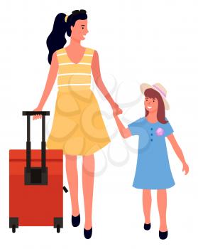Traveling family vector, isolated woman and girl kid. Child with mother, daughter and mom with luggage traveling on vacation, weekends of people flat