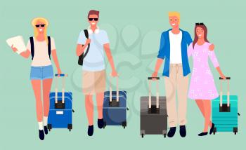 Group of young travelers with luggage. Male and female tourists with suitcases on wheels and map. Couple of people going on summer vacation vector. Flat cartoon