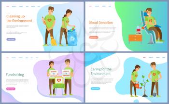 Cleaning environment vector, people with bags and rubbish, blood donation and charity, growing tree and blood donation of male volunteers. Website or slider app, landing page flat style