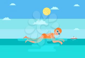 Breaststroke water sport woman vector. Female sportive lady in sea practicing strokes for competition. Swimming sportswoman with goggles and hat