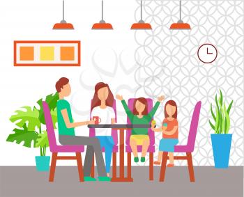 Cafe interior design, family eating out at table vector. Cafeteria furniture, chairs and indoor plants, lamp and picture, wall clock, drinking tea