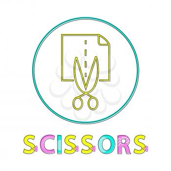 Scissors cutting page icon in circle. Stainless object sharp blades separating paper on pieces. Dotted line for straight division isolated on vector