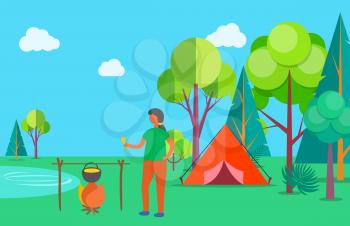 Woman ooking soup vector, camping outdoors in summer. Tent and bonfire for making food, foliage of trees, pond lake with clear water, relaxation in forest