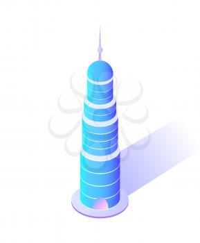 Skyscraper with sharp top modern city architecture vector. Isolated icon of building circular shape of construction of steel and concrete town center