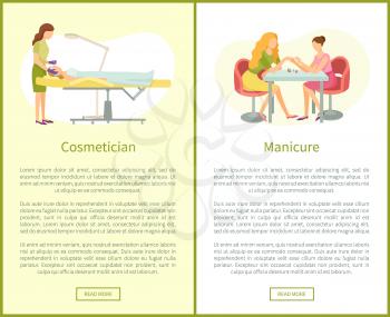 Makeup visagiste working with clients face using brush. Manicure manicurist polishing nails vector web posters with text. Hands care and brushing face