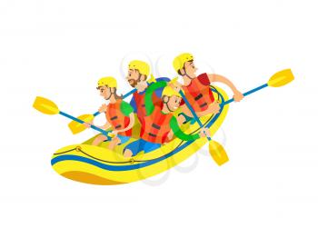 Sport activity, people sitting in yellow rubber boat, man and woman wearing helmet and life vest, rowing oars. Extreme activity or kayaking vector