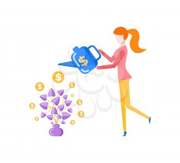 Investments and business nourishing vector. Woman holding watering can with dollar sign, with income growing. Gold american dollars coins on leaves