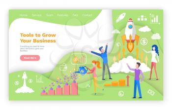 Tools grow your business website, green investment homepage with money, dollar and euro icons. Web page with diagrams and spaceship flat style vector