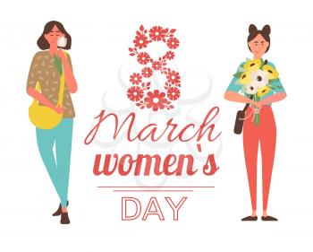 8 March greeting poster vector, Woman holding white tulip and bouquet of blooming daisies. Stylish people happy on womens day, International holiday
