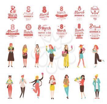 Womens day papercard, girls with bouquet of flowers, portrait and full length view of females with flavor, 8 March, creative greetings with people, vector
